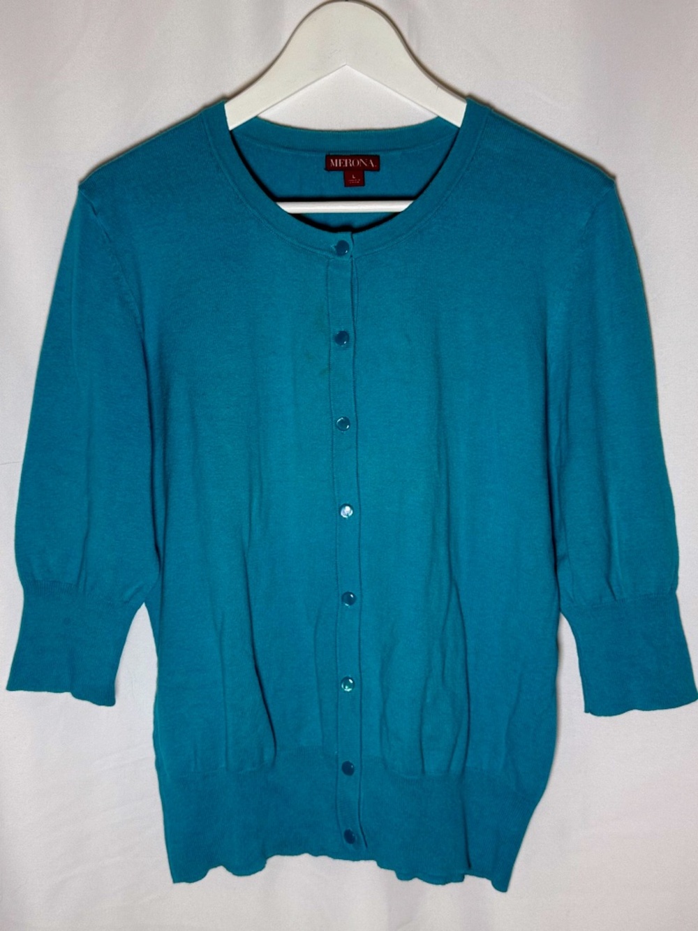 Merona Women's Teal Button Front Cardigan Sweater 3/4 Sleeve Size L